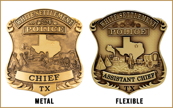 one flexible badge and one metal badge side by side
