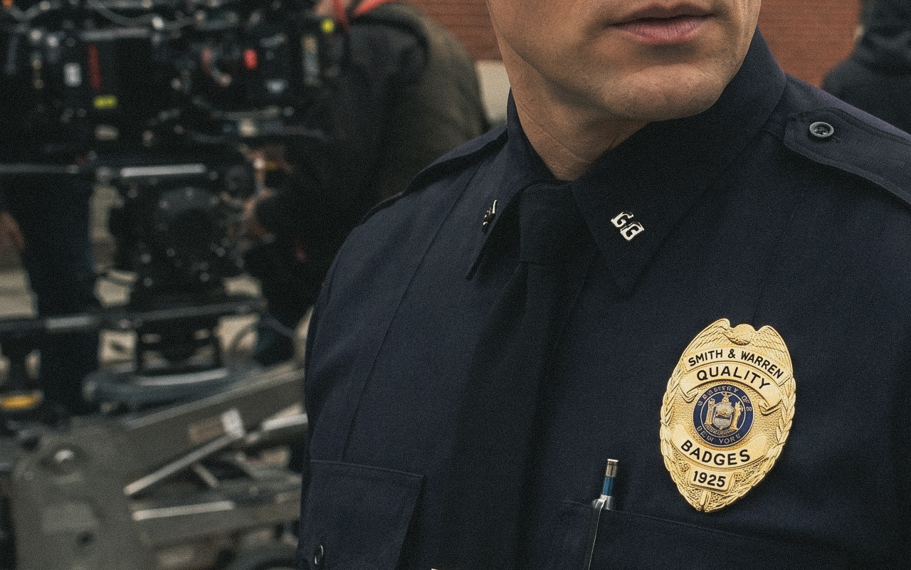 police officer wearing a custom police badge movie prop supplied by badge and wallet