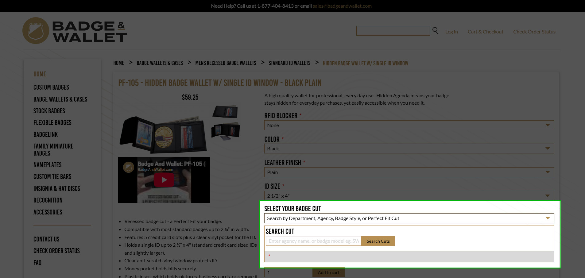 badge and wallet website with find my cut highlighted